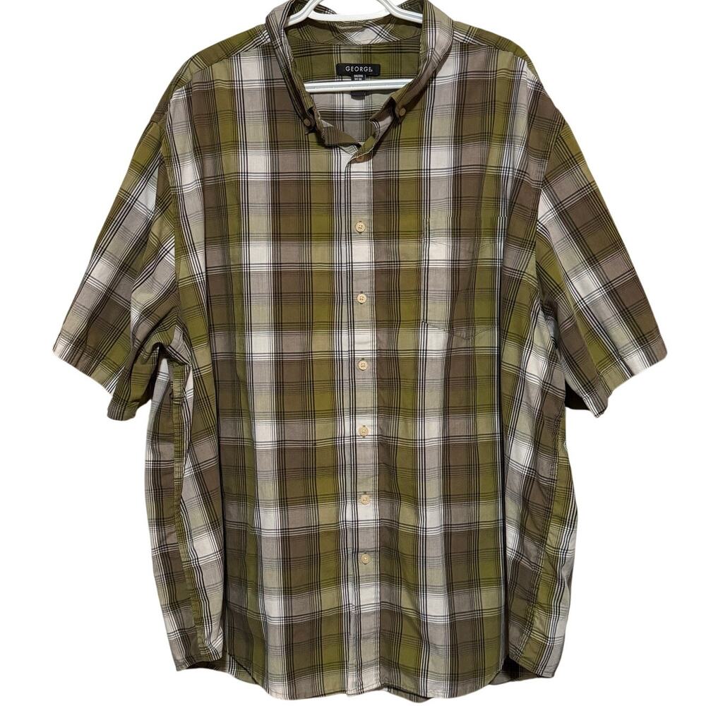 George Men's Green Brown White Plaid Short Sleeve Button Up Shirt Size 3XL